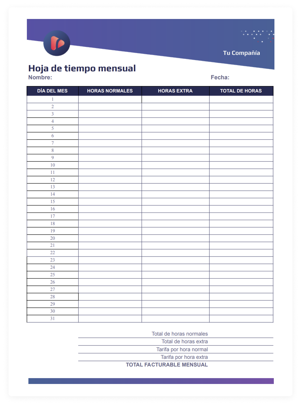 Plantilla de hoja de tiempo mensual PDF-Excel a descargar