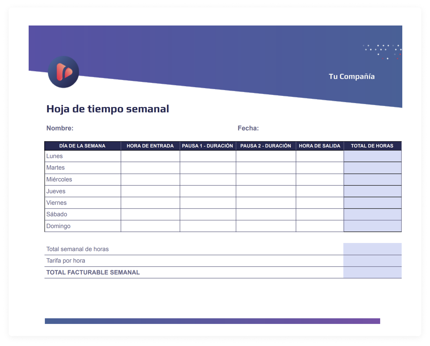 Plantilla de hoja de tiempo semanal PDF-Excel a descargar